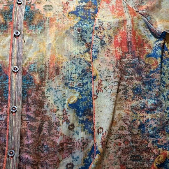 Soft Surroundings sheer watercolor geometric print button-up blouse 2x - Picture 2 of 10